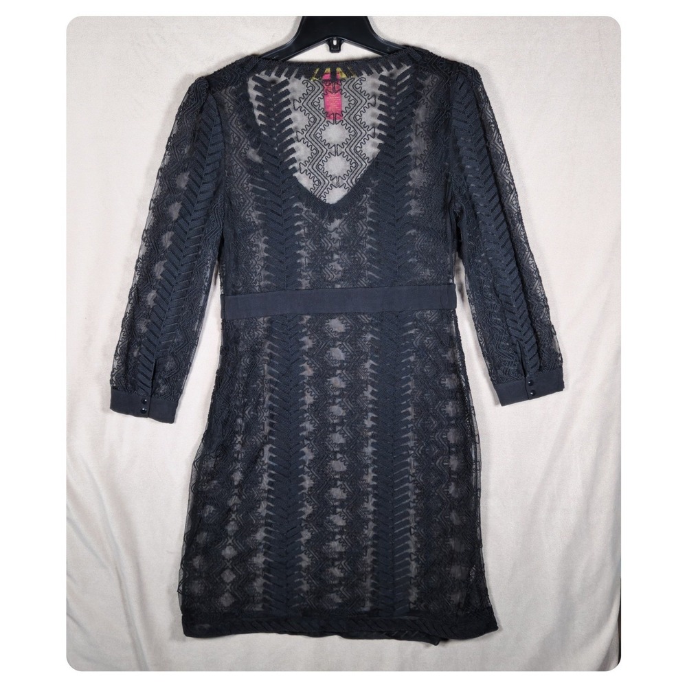 Catherine Malandrino Black Lace Geometric Embroidered V-Neck Sheer Cover Dress 8 - Picture 4 of 8